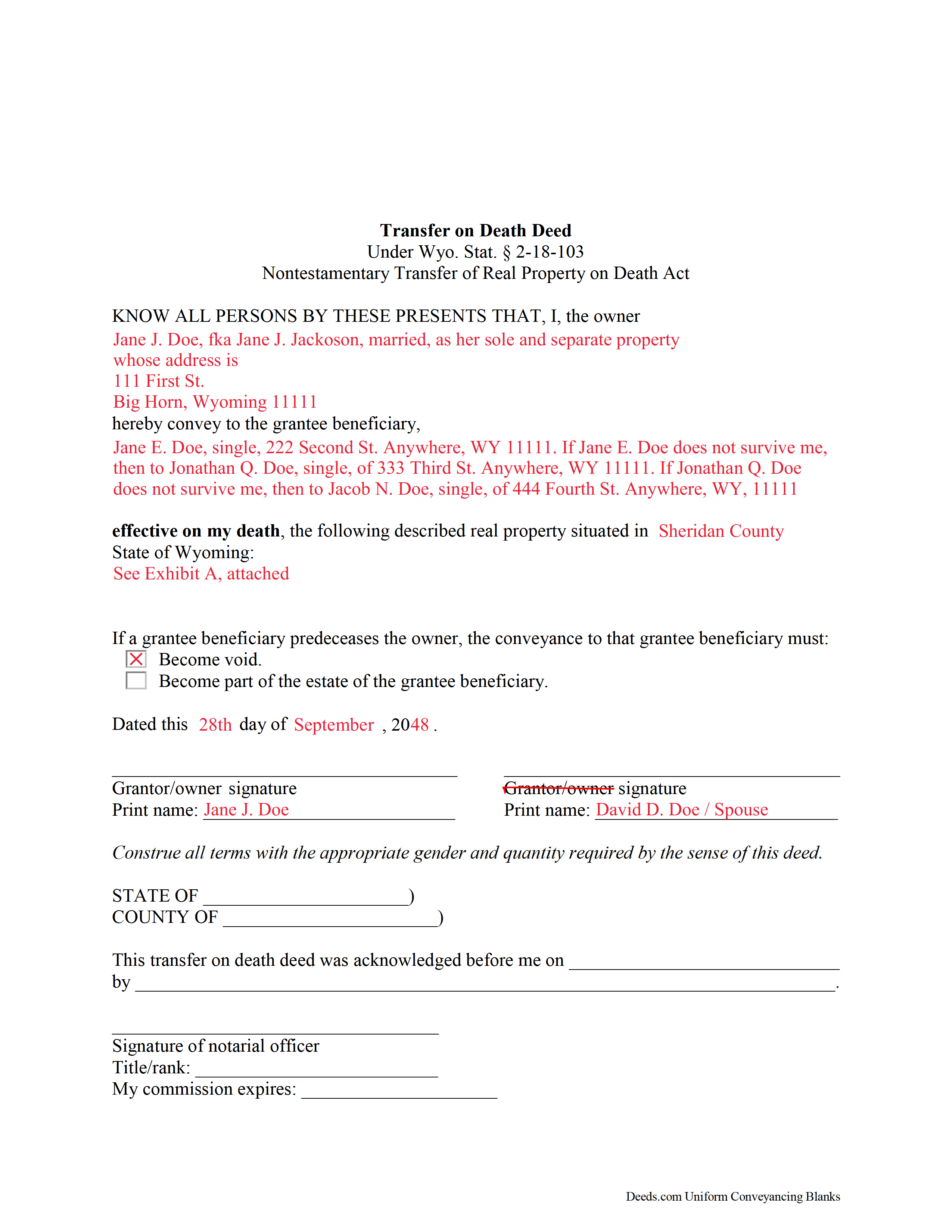 Completed Example of the Transfer on Death Deed Form