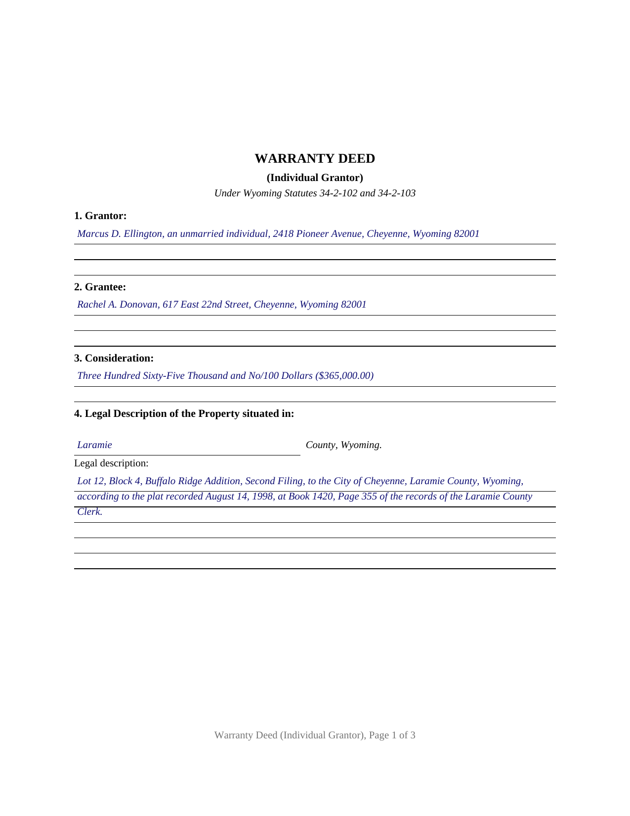 Albany County Completed Example of the Warranty Deed (Individual Grantor) Document