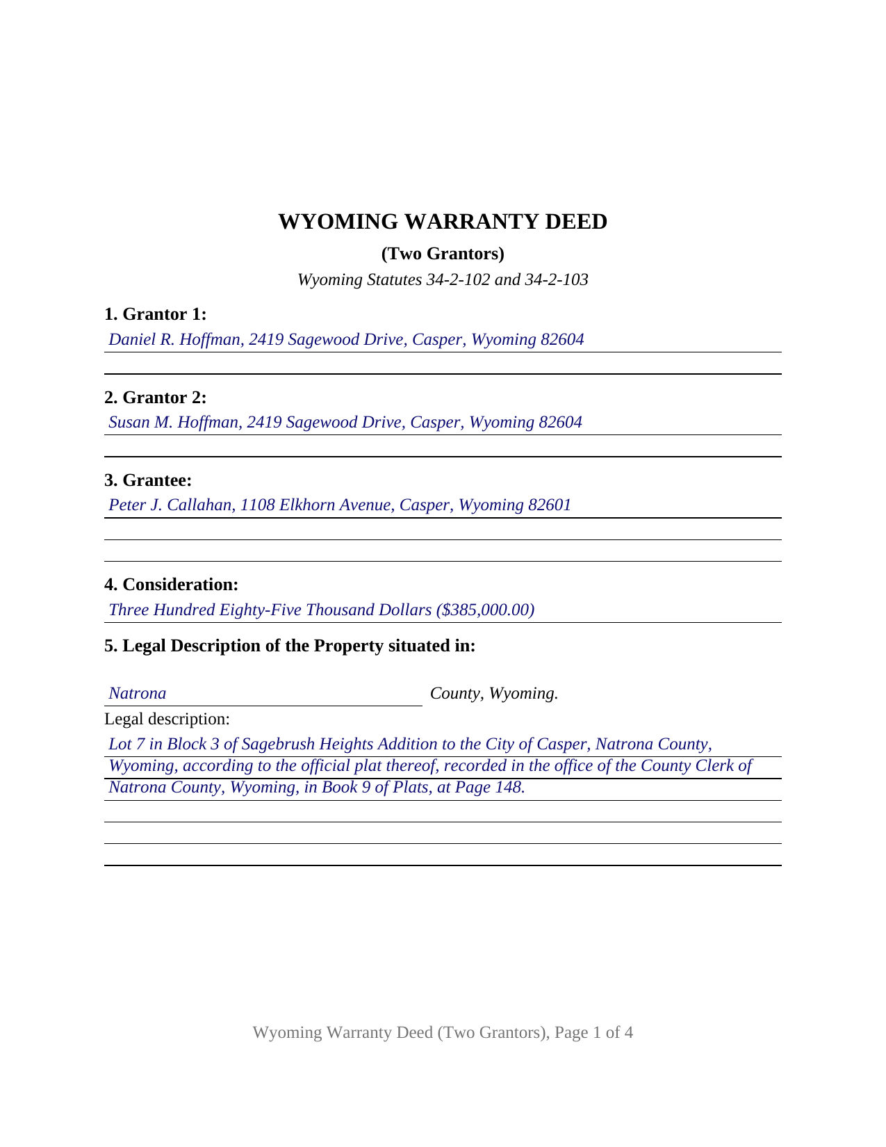 Weston County Completed Example of the Warranty Deed (Two Grantors) Document