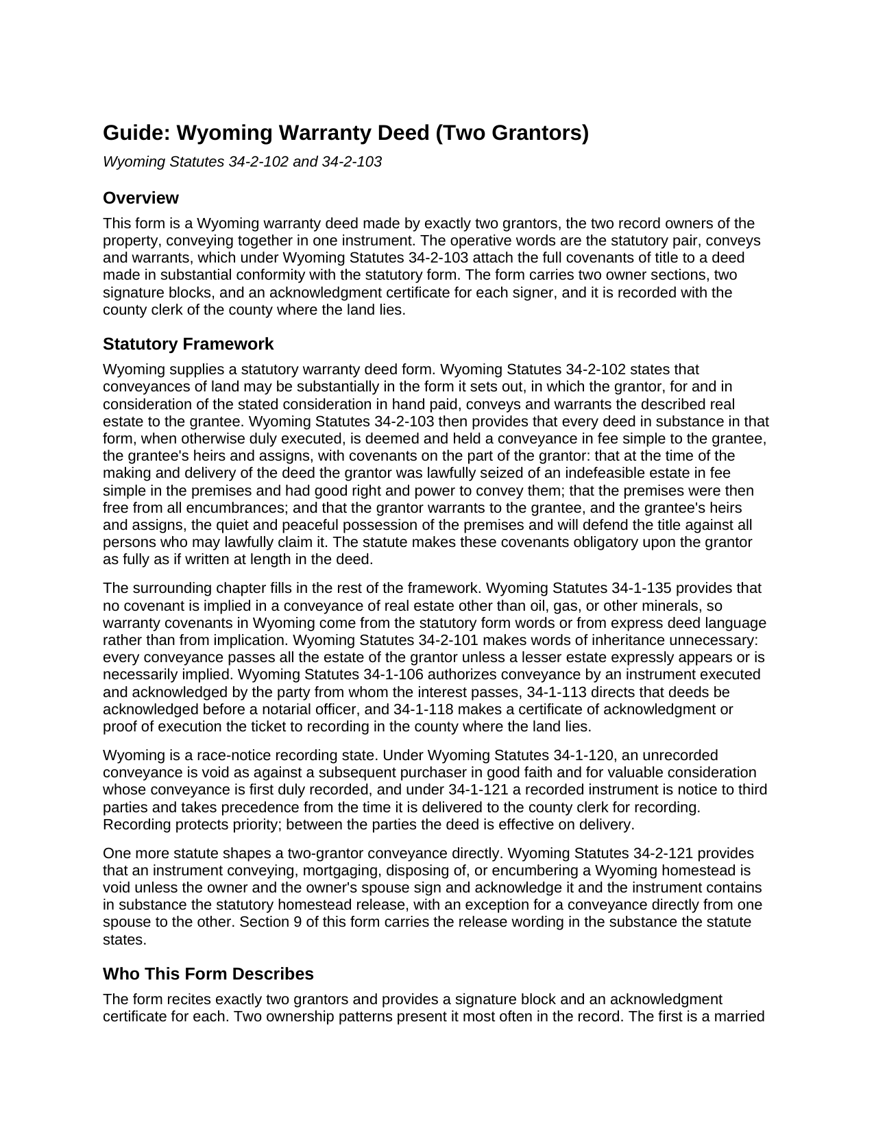 Weston County Warranty Deed (Two Grantors) Guide