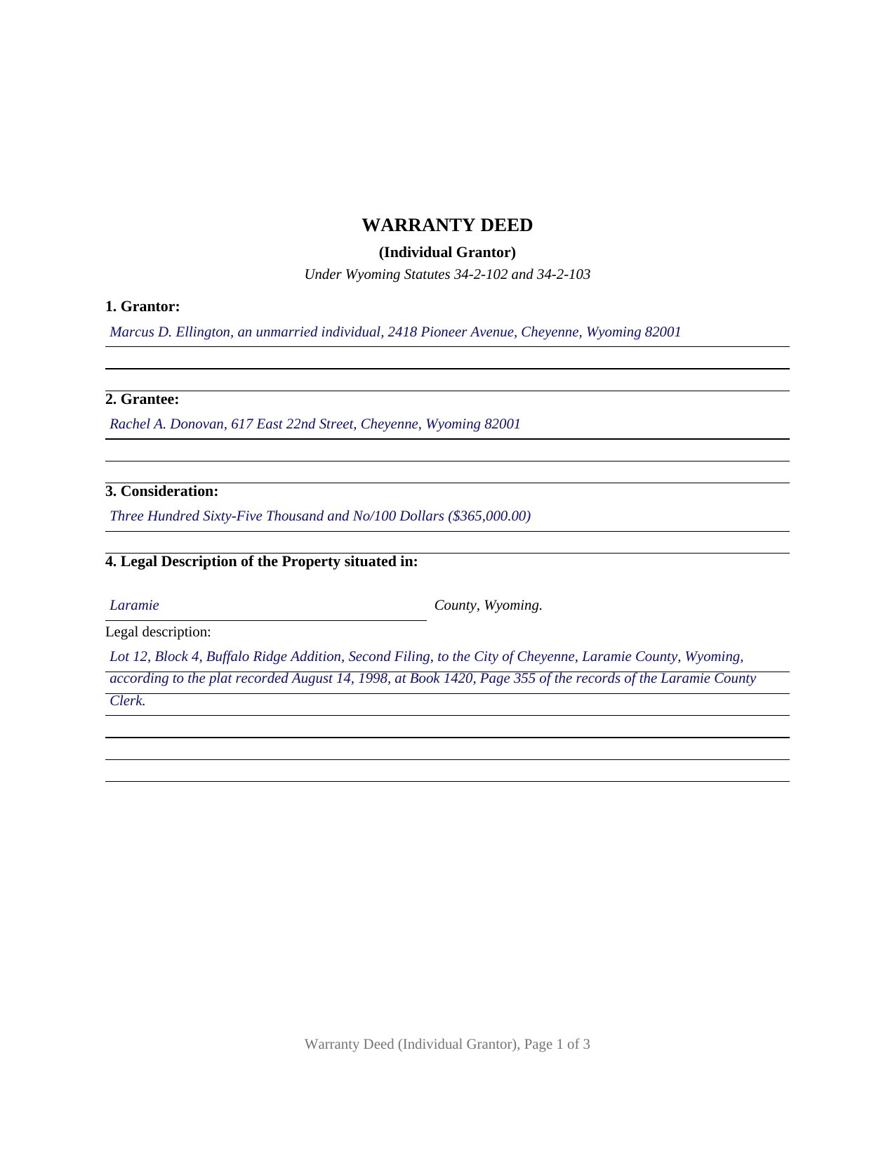 Johnson County Completed Example of the Warranty Deed Document