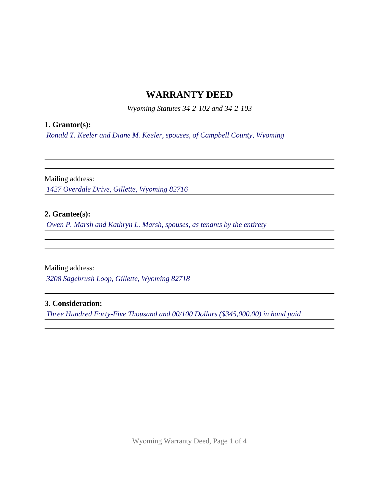 Natrona County Completed Example of the Warranty Deed Document