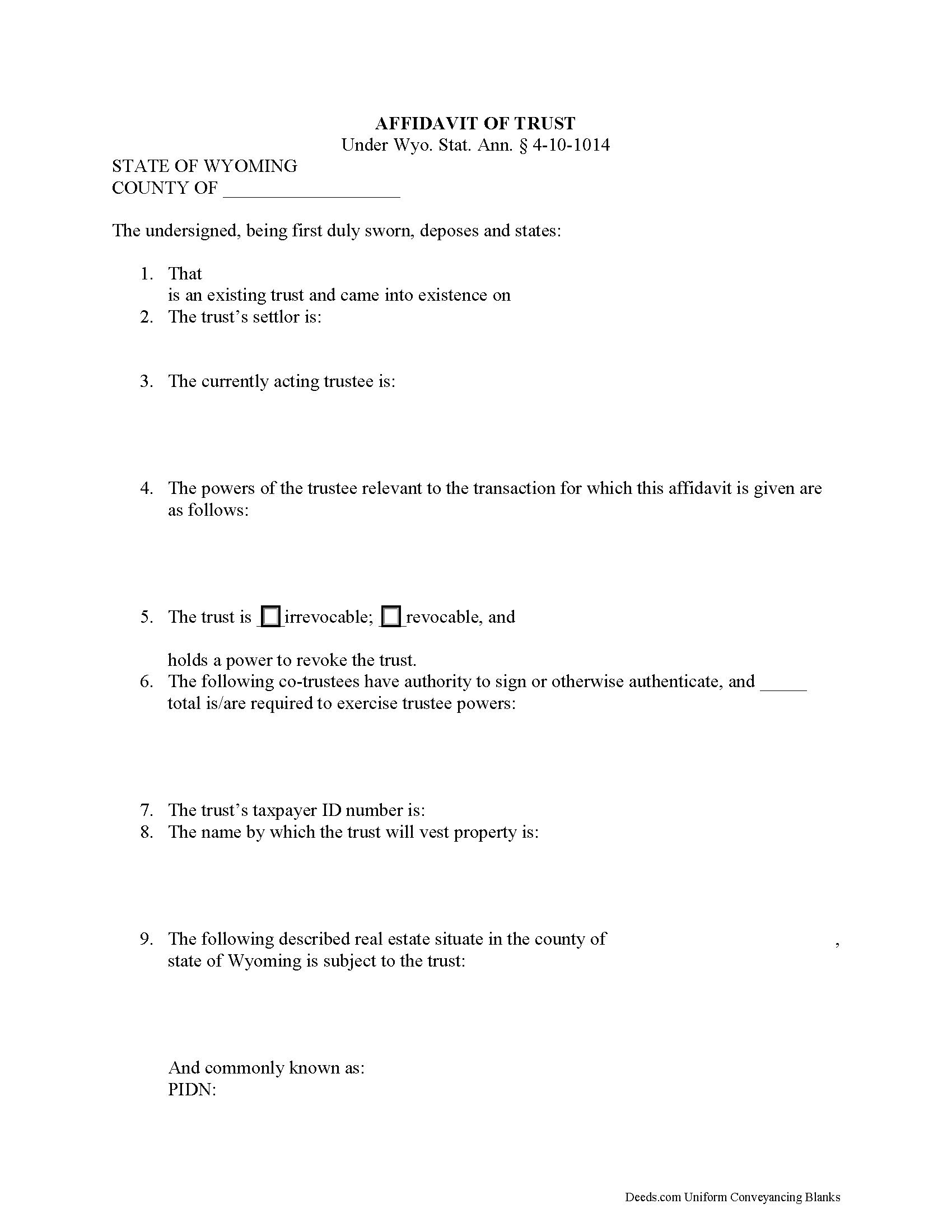 Wyoming Affidavit of Trust Image