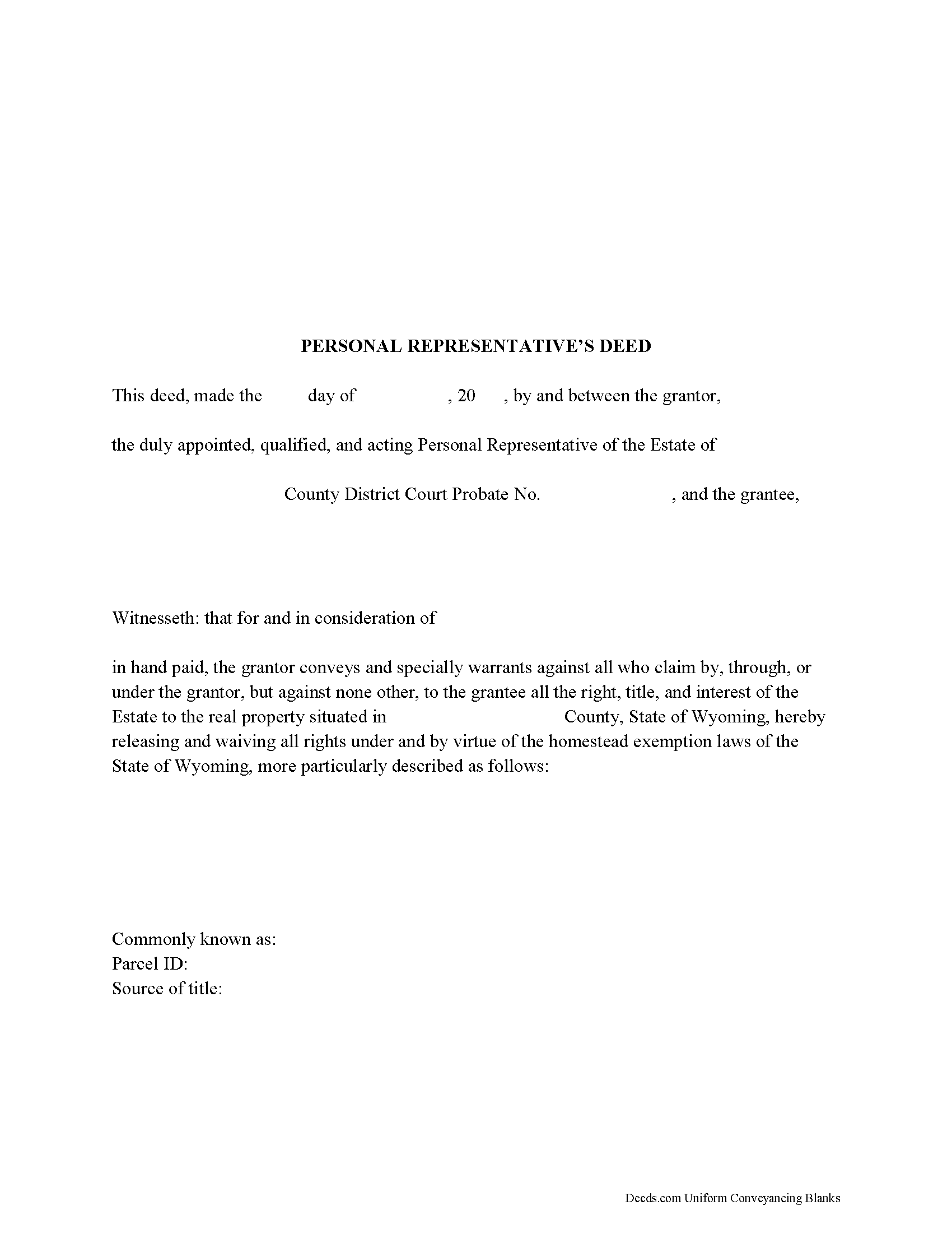 Wyoming Personal Representative Deed Image