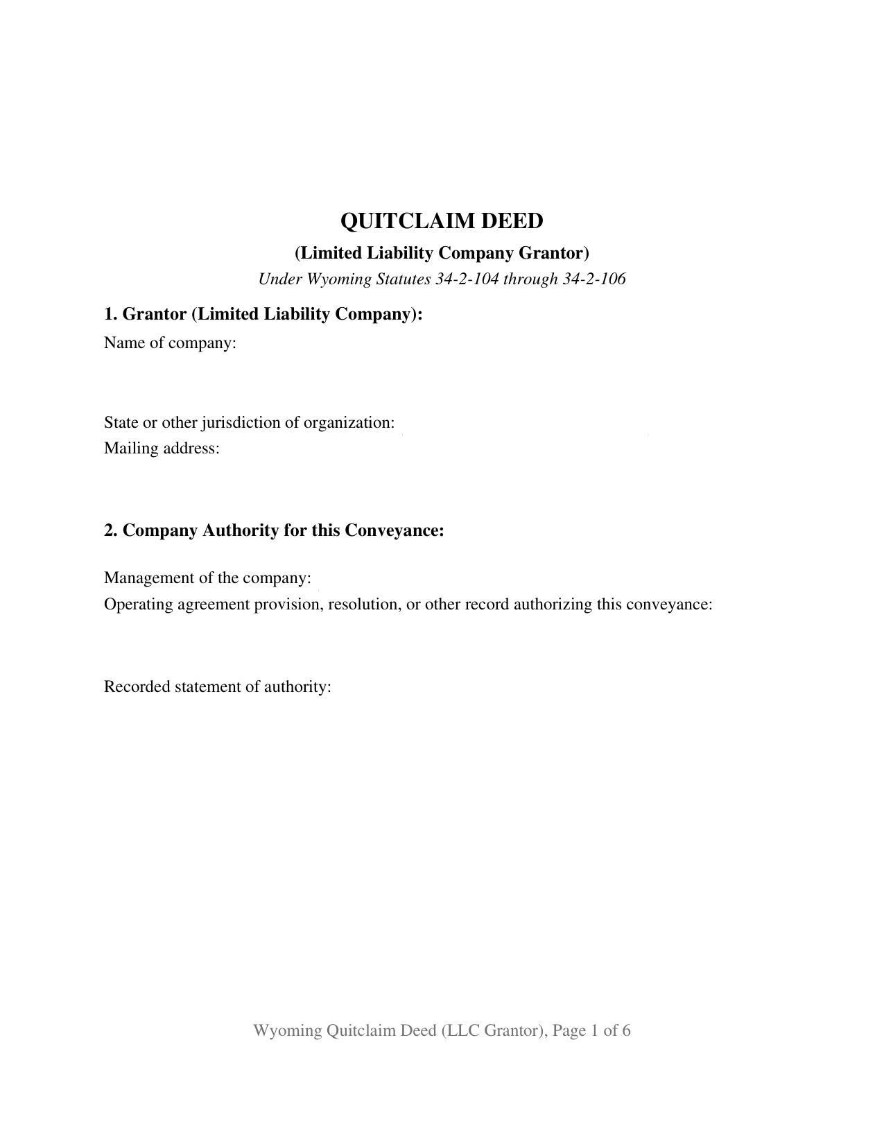 Wyoming Quitclaim Deed (LLC Grantor)