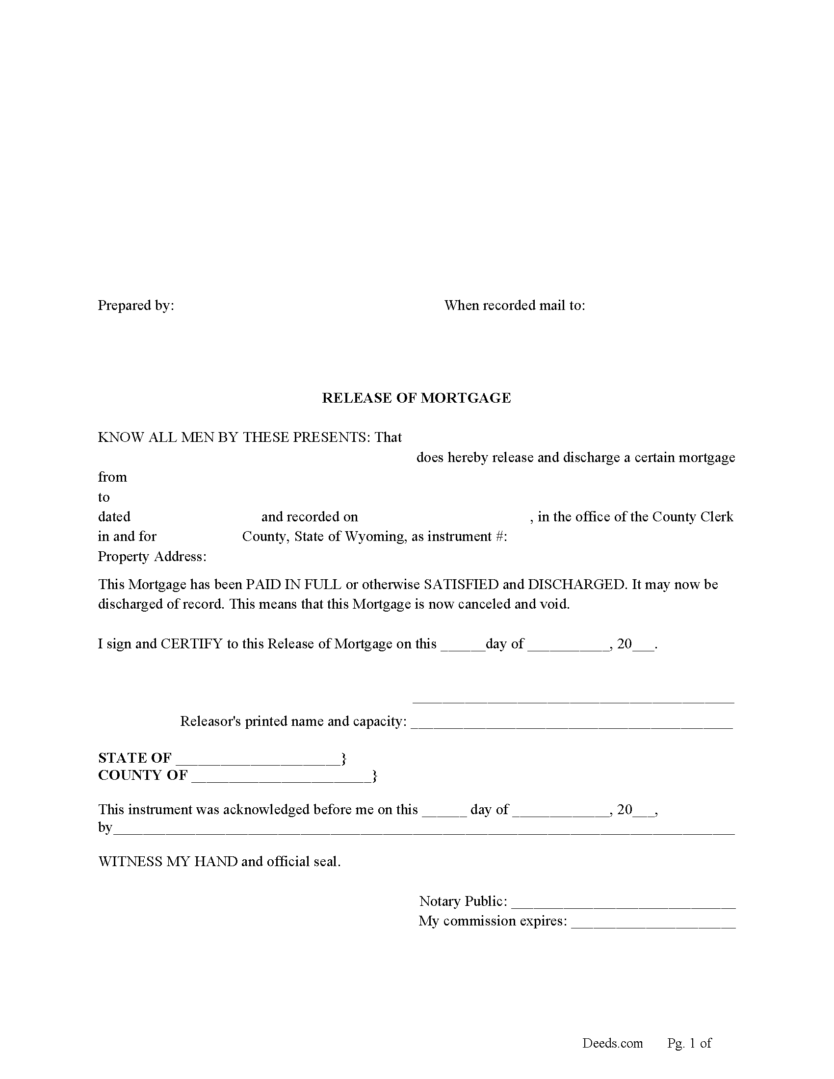 Wyoming Release of Mortgage Image