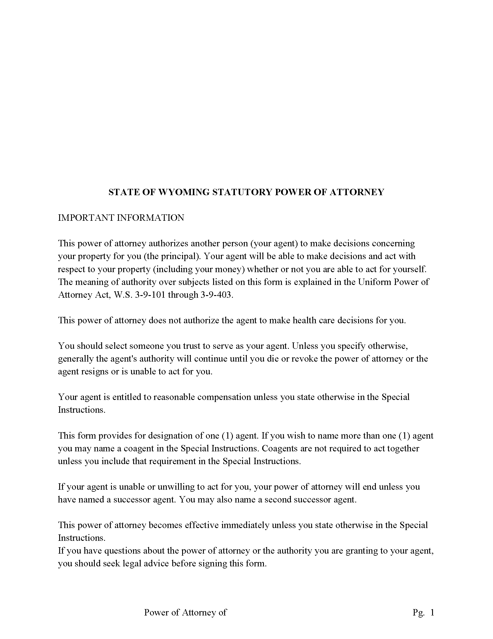 Wyoming Statutory Durable Power of Attorney Image