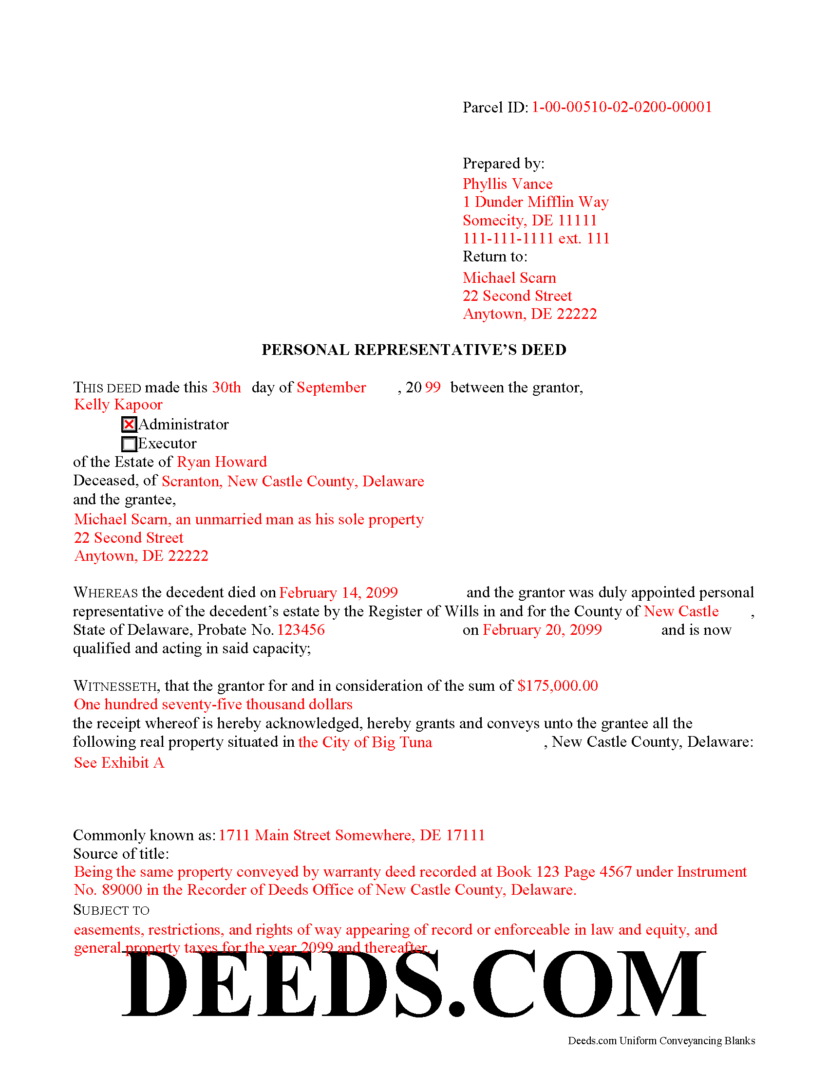 New Castle County Completed Example of the Personal Representative Deed Document Page 1