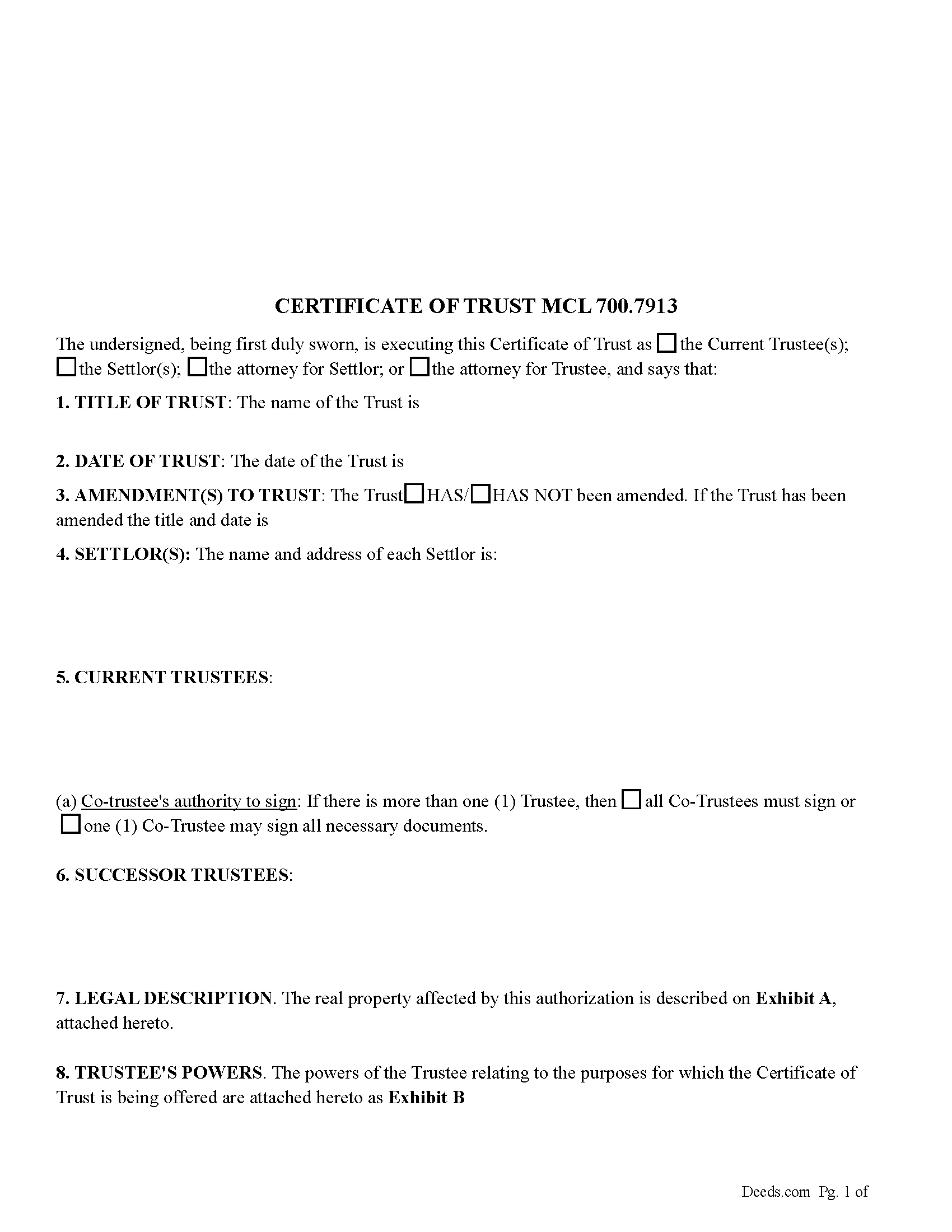 Michigan Certificate of Trust MCL 700.7913 Form Preview