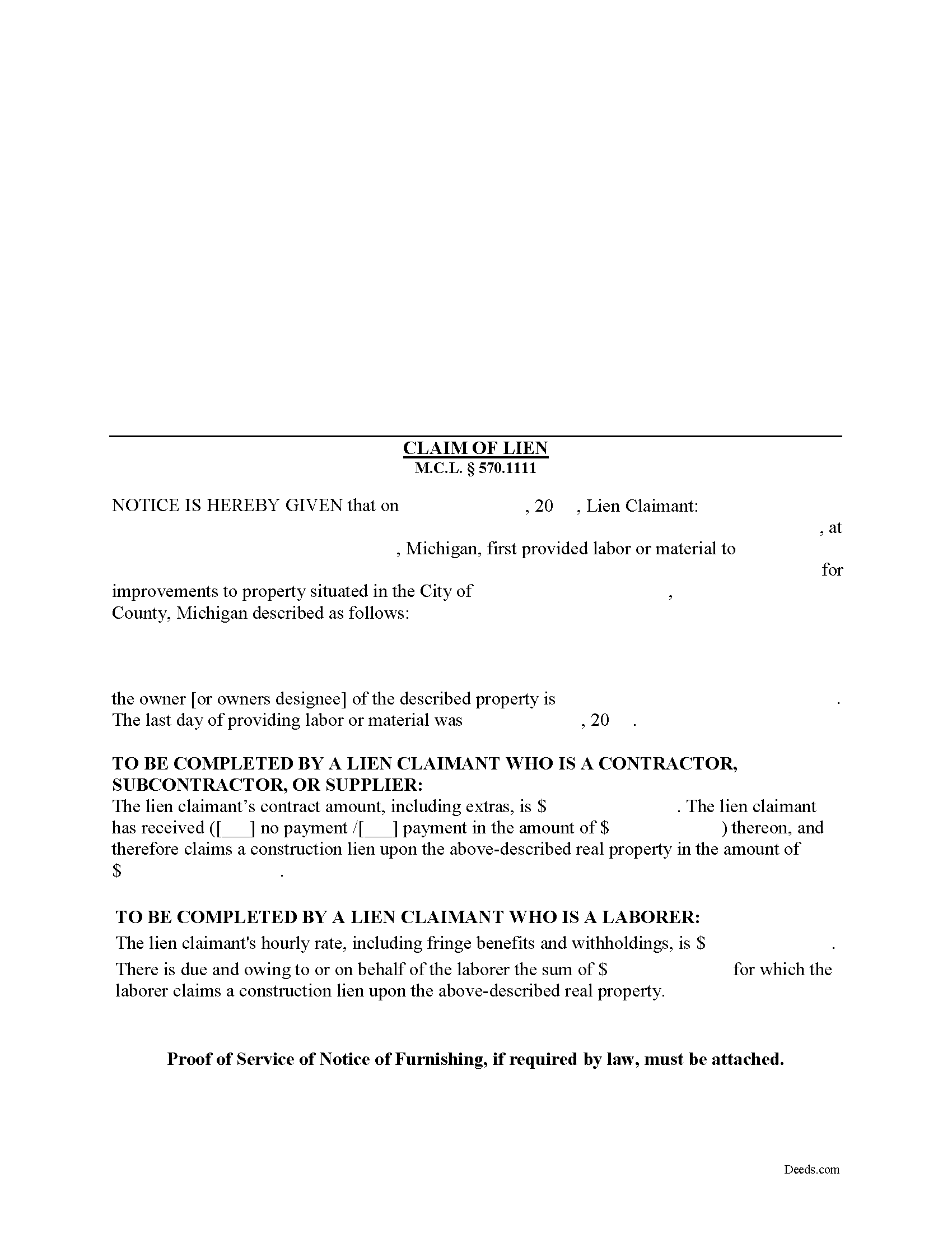 Michigan Claim of Lien Form Preview