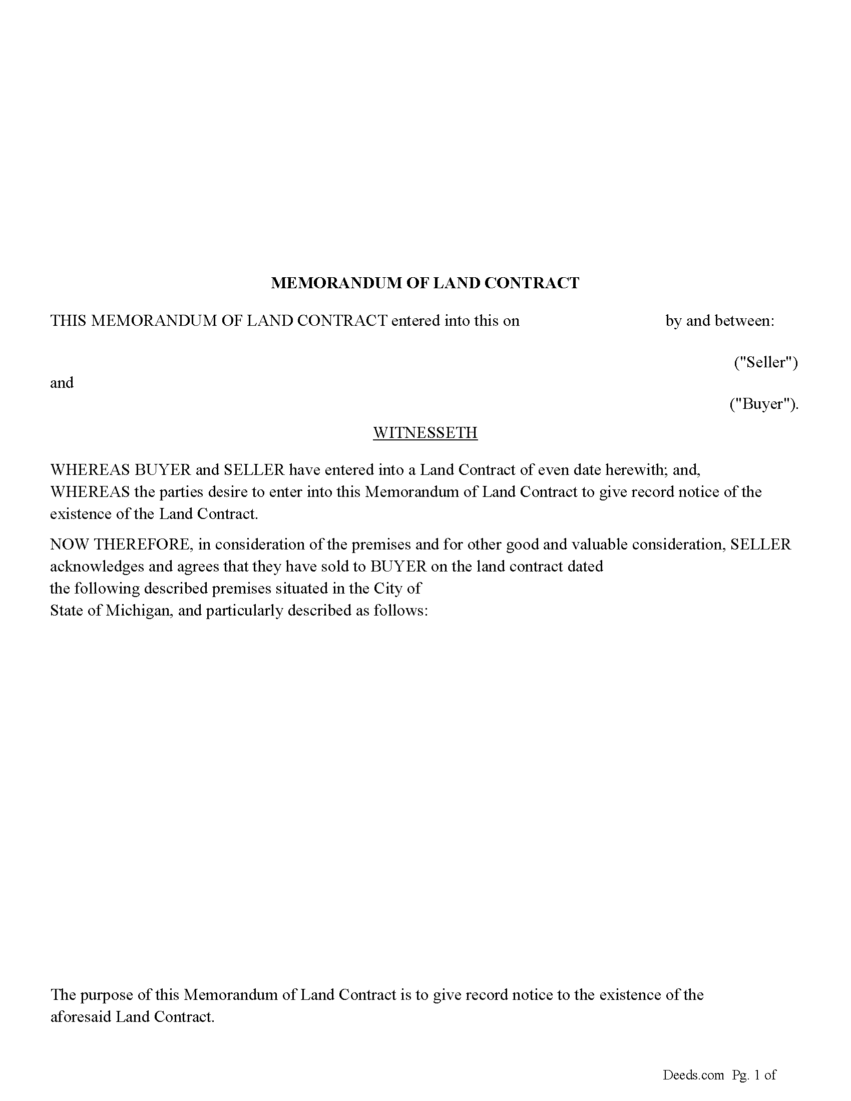 Michigan Memorandum of Land Contract Form Preview