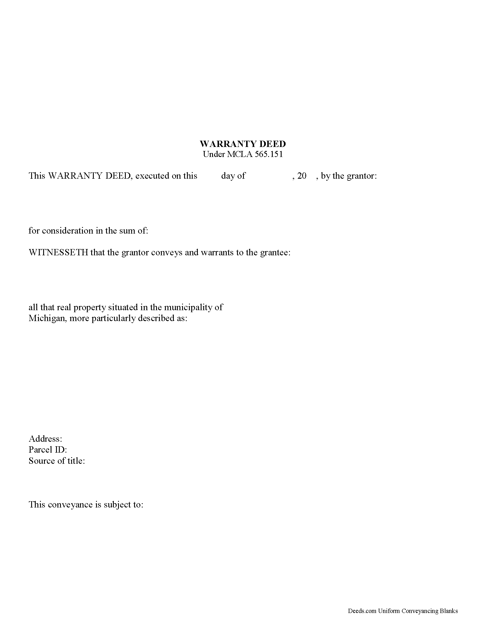 Michigan Warranty Deed Form Preview